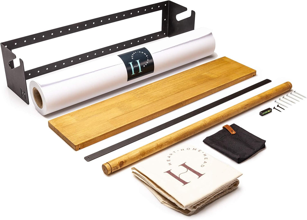 Wall Mounted Kraft Paper Dispenser and Cutter with Paper Roll, Wood Shelf, Magnetic Pencil Holder Y347