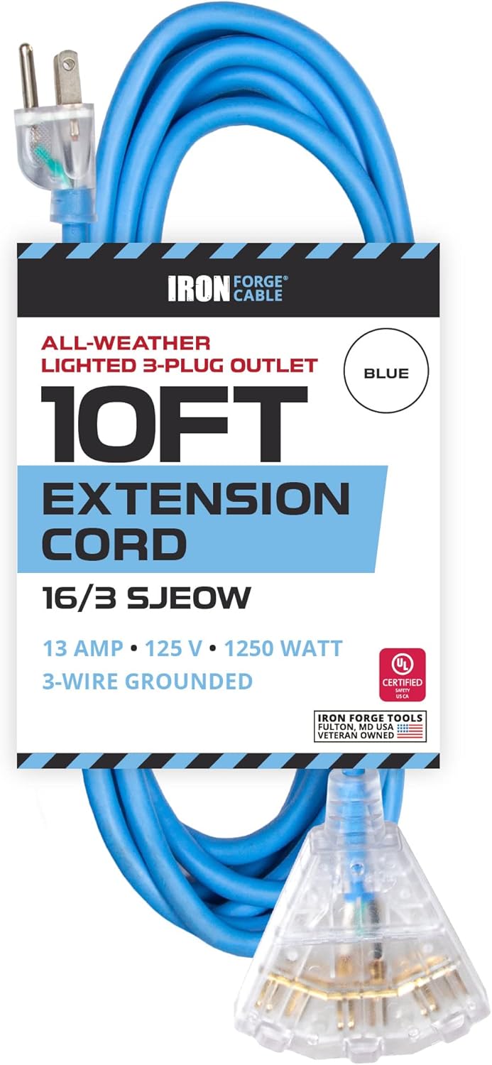 100 Ft All Weather Extension Cord with 3 Electrical Power Outlets, 16/3 SJEOW Lighted Outdoor Cable P423