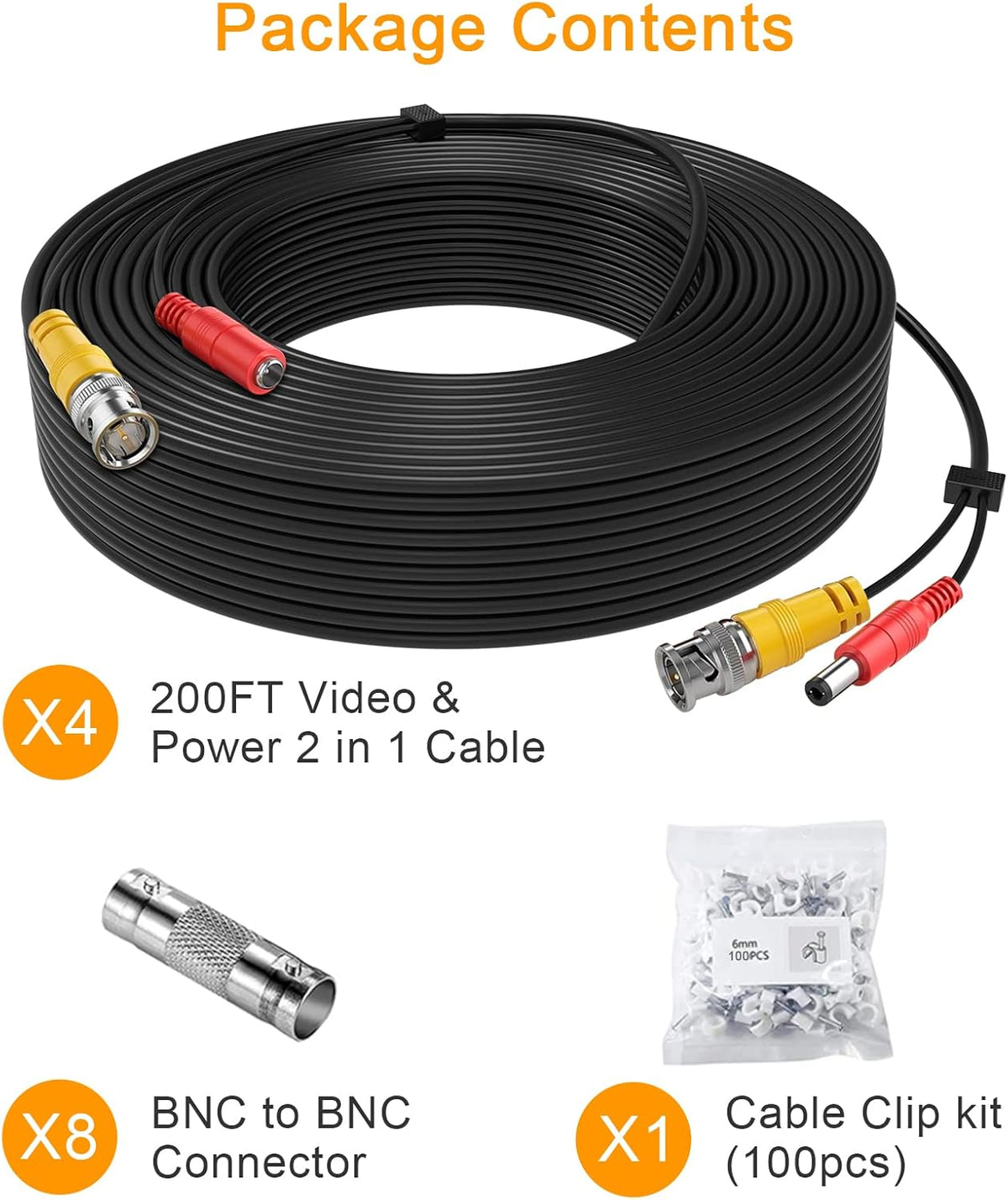 200ft 4Pack Siamese Video and Power Security Camera Cable with 2 Female Connectors Y9817