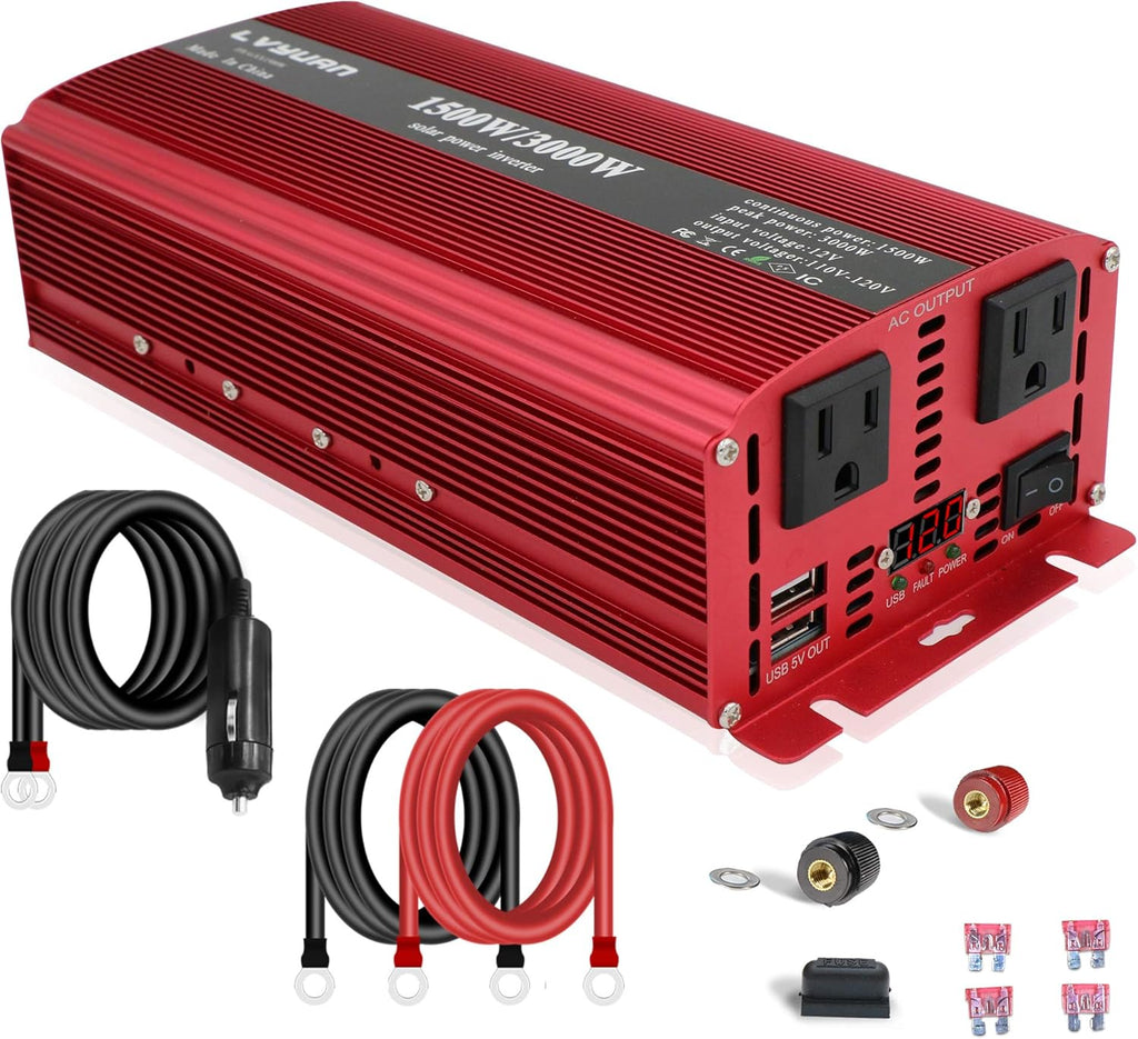 1500W Power Inverter Dual AC Outlets Dual USB DC 12V to 110V AC Car Inverter with Digital Display 4 External 40A Fuses L2269