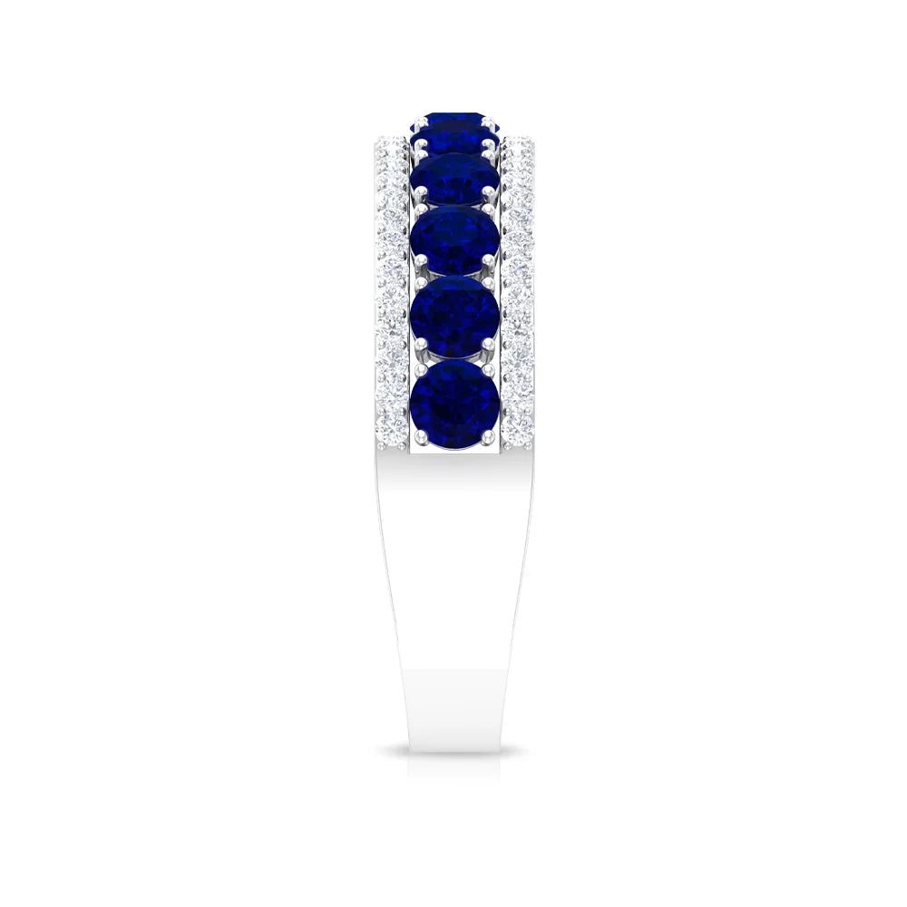 Blue Sapphire and Diamond Band Ring, 925 Sterling Silver U41153