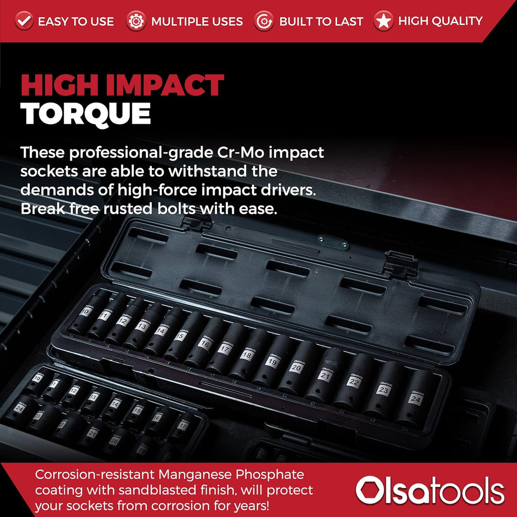 1/2 Drive Cr-Mo Shallow Impact Socket Set, 6-Point SAE, 14pc 3/8 to 1-1/4, Chromium Molybdenum, Premium Storage Case G448119