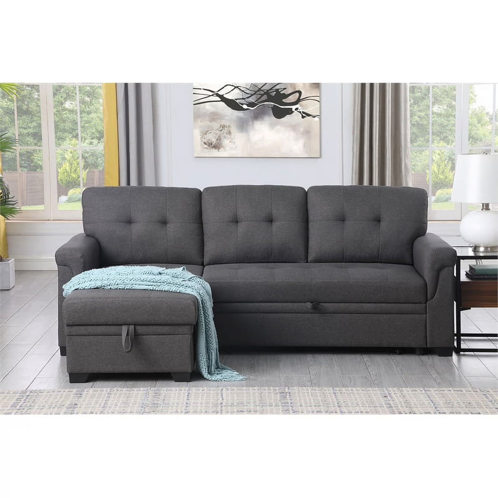 Gray Linen Fabric Reversible Sleeper Sofa with Chaise D89193