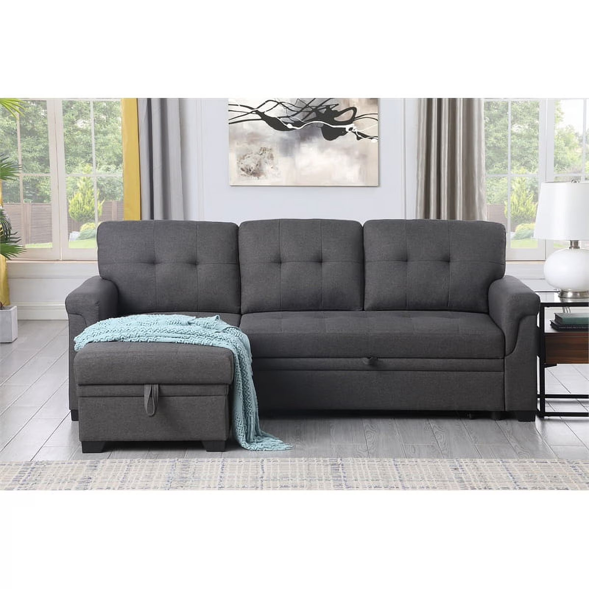 Gray Linen Fabric Reversible Sleeper Sofa with Chaise D89193