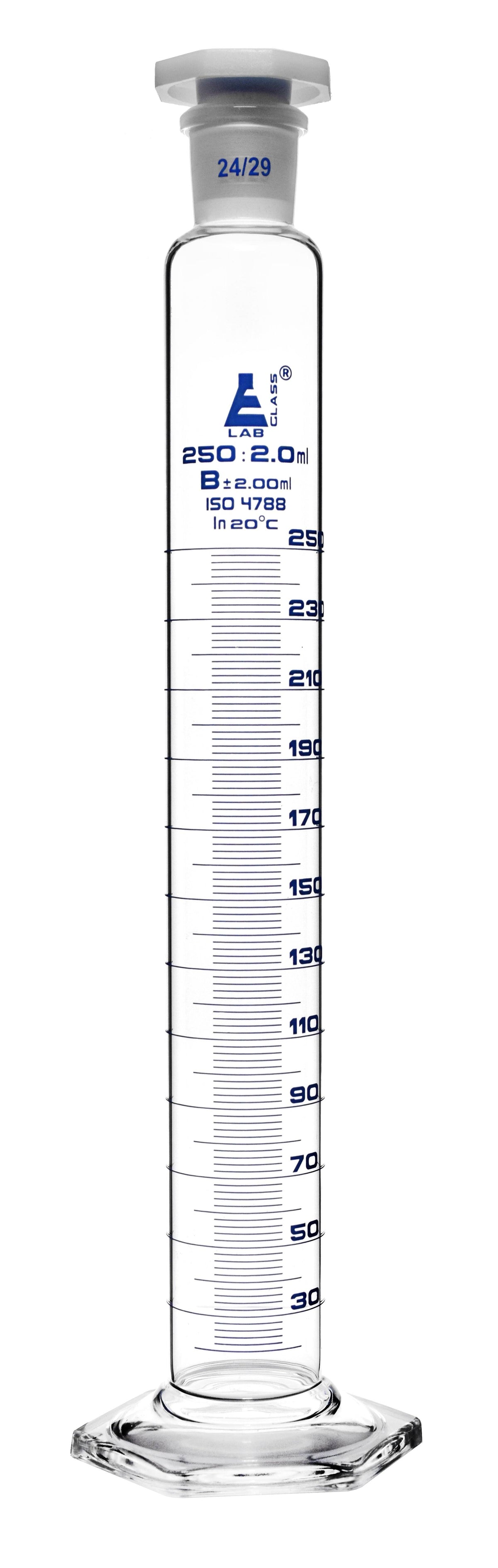 250ml Class B Hexagonal Base Measuring Cylinder with Stopper M400039