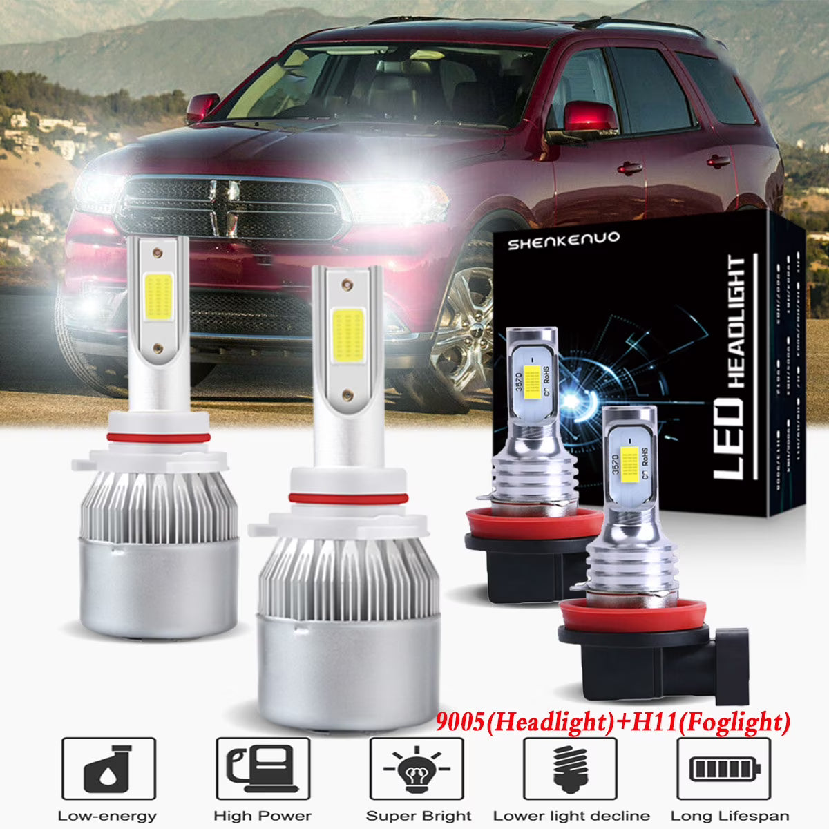 4pc 9005 LED High Low Beam H11 Fog Light for Dodge Durango K2552
