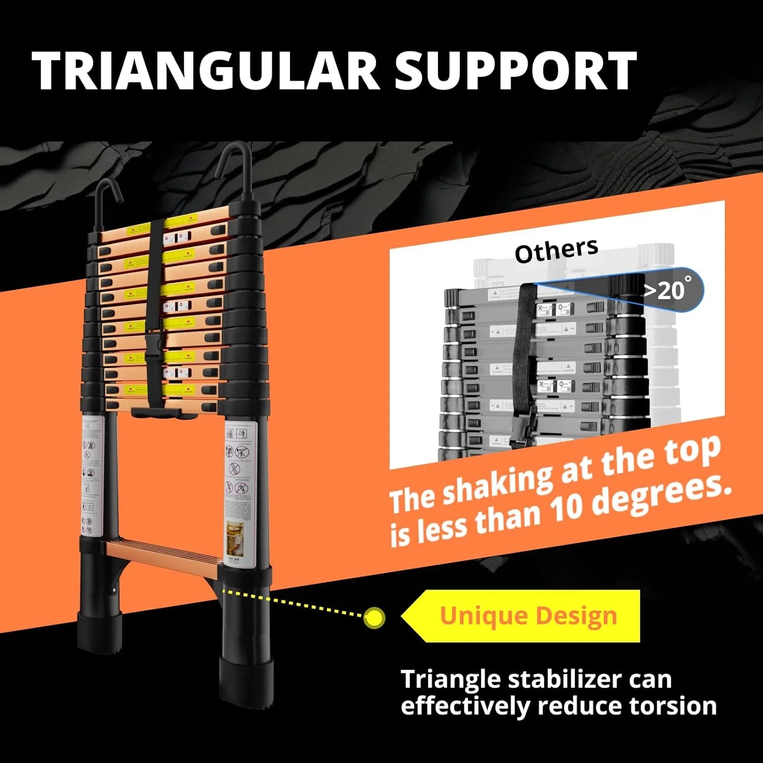 12.5FT Aluminum Telescoping Extension Ladder with Hooks & Stabilizers, 330lbs Capacity, Orange & Black V217