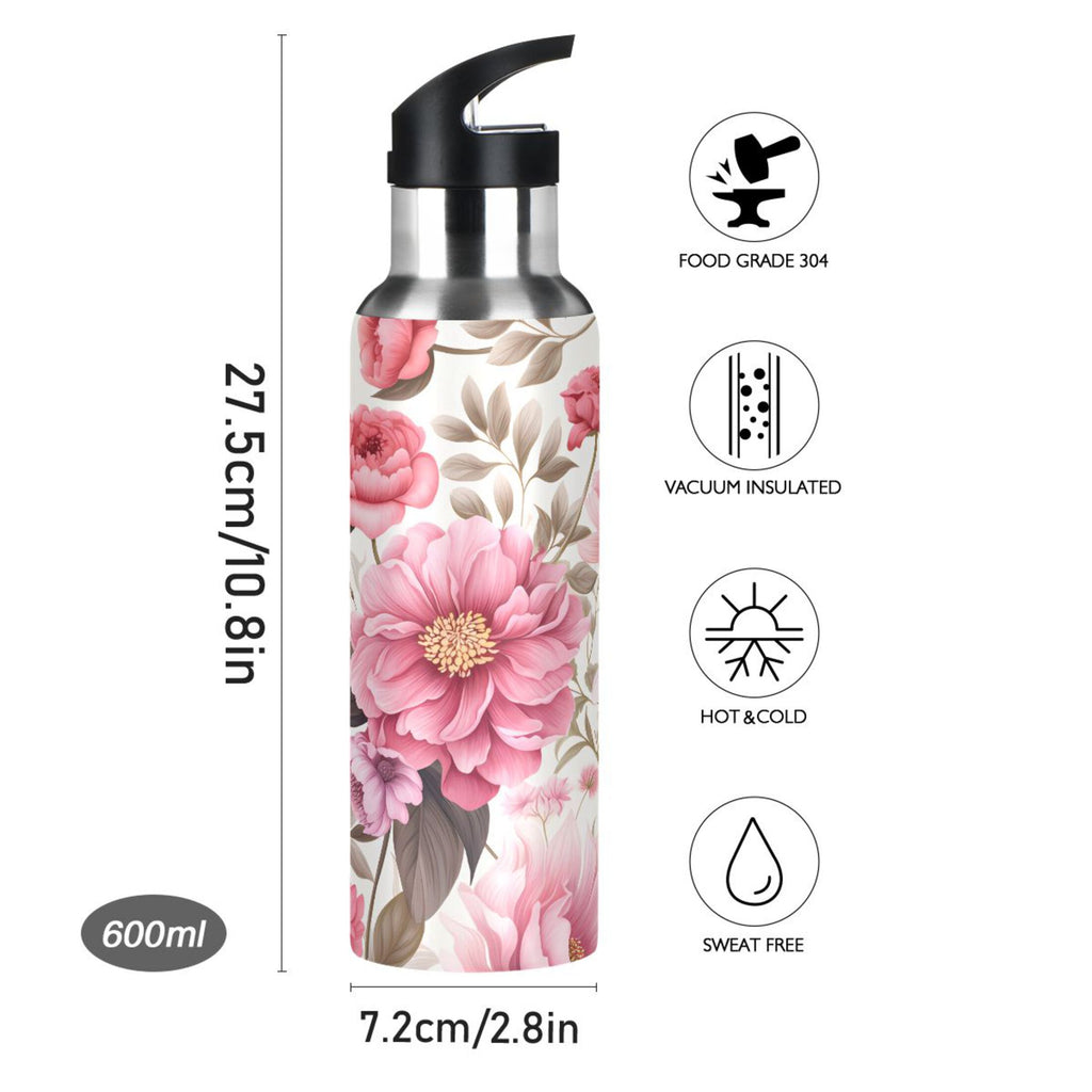 Pink Flowers Floral Print Stainless Steel Insulated Water Bottle with Straw Lid P395876