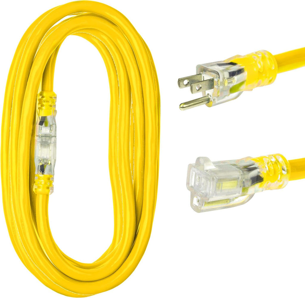 14/3 Heavy Duty Lighted Outdoor Extension Cord Yellow 3 Prong Grounded Plug 100 Ft SJTW Z7820