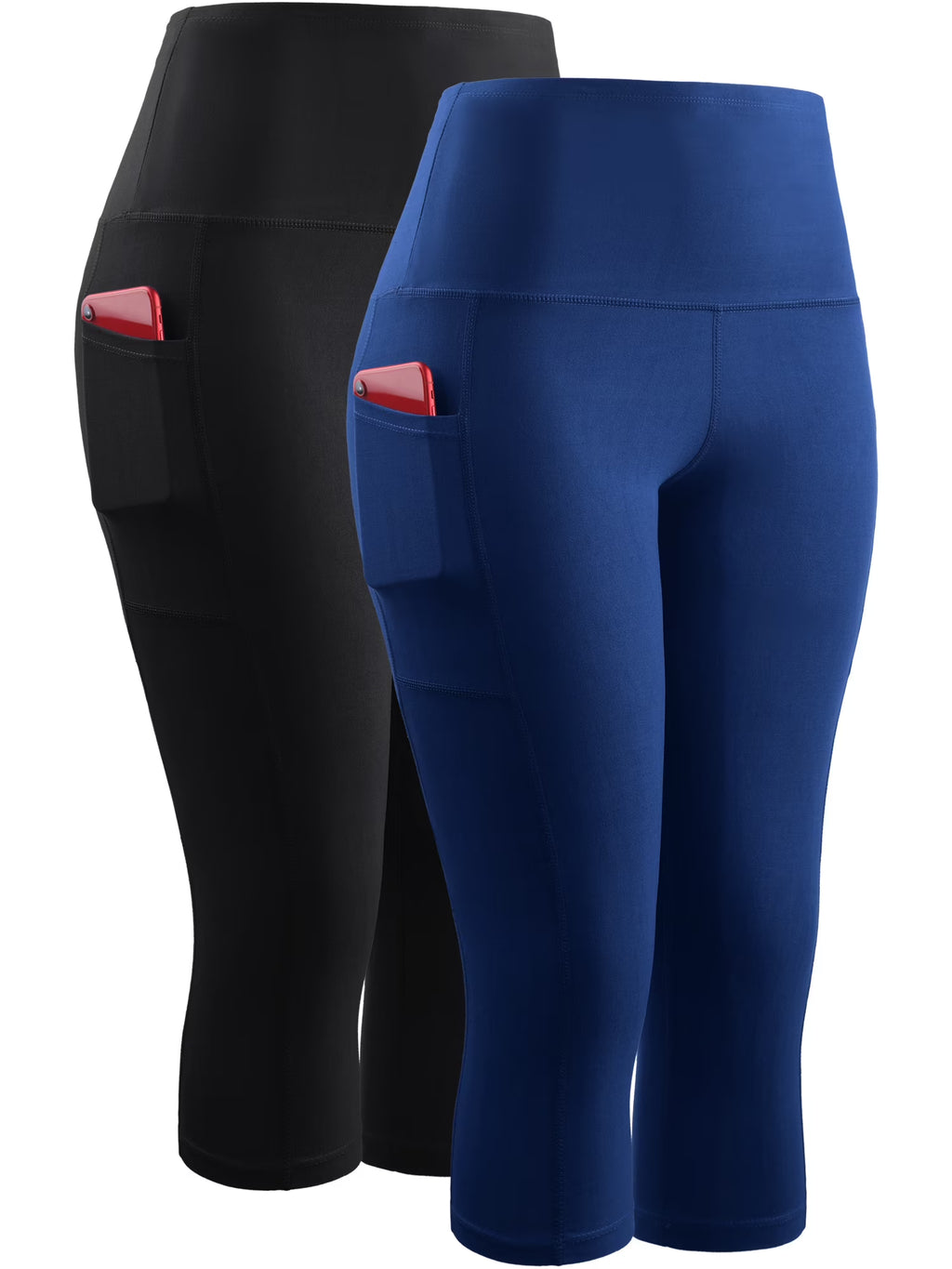 Black Blue High Waist Stretch Capri Leggings with Pockets P988968