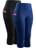 Black Blue High Waist Stretch Capri Leggings with Pockets P988968