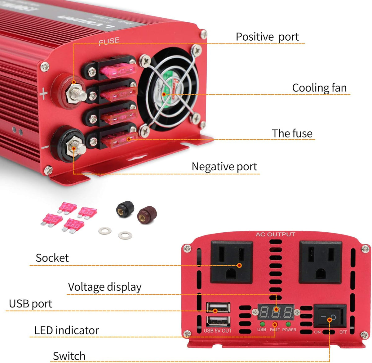 1500W Power Inverter Dual AC Outlets Dual USB DC 12V to 110V AC Car Inverter with Digital Display 4 External 40A Fuses L2269