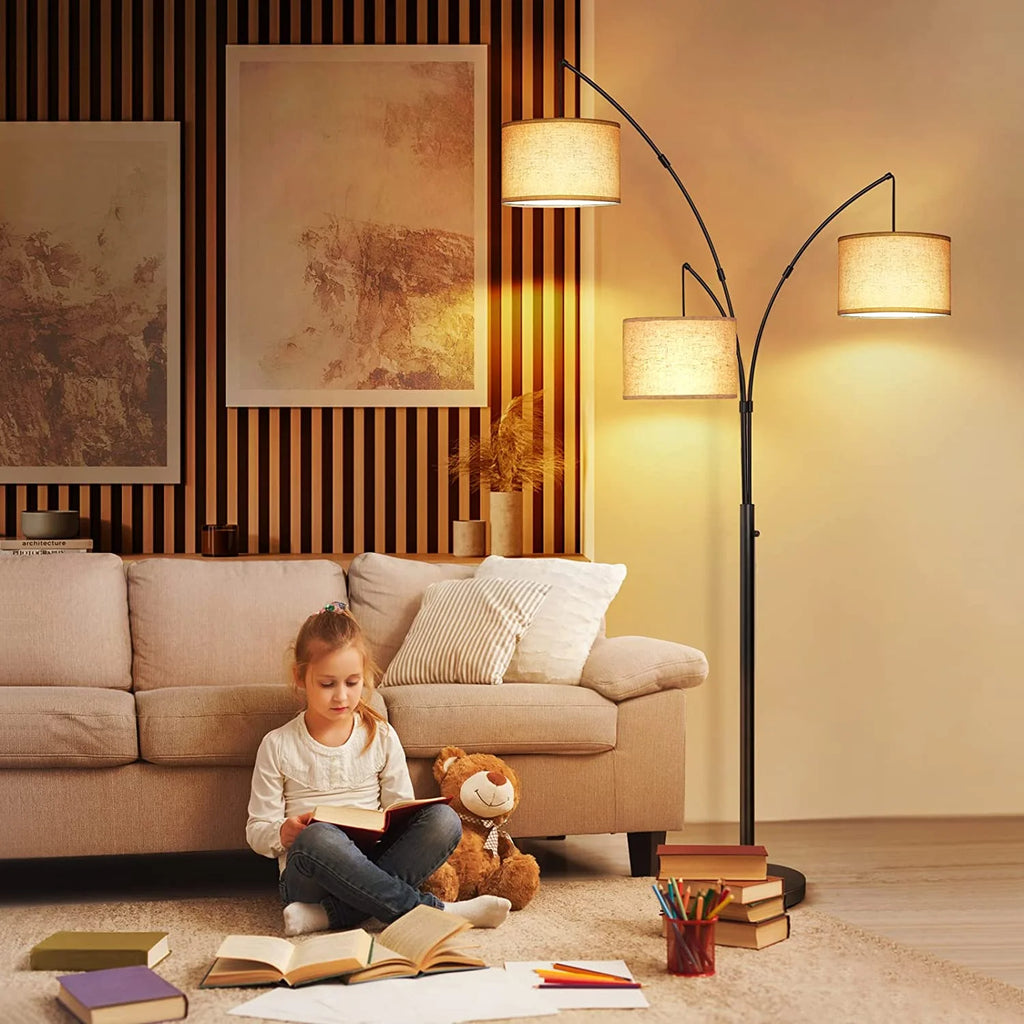 Black Arc Floor Lamp with Linen Lamp Shade L426804