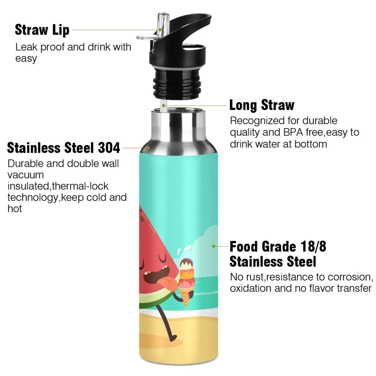Watermelon Stainless Steel Insulated Water Bottle with Straw Lid V754096