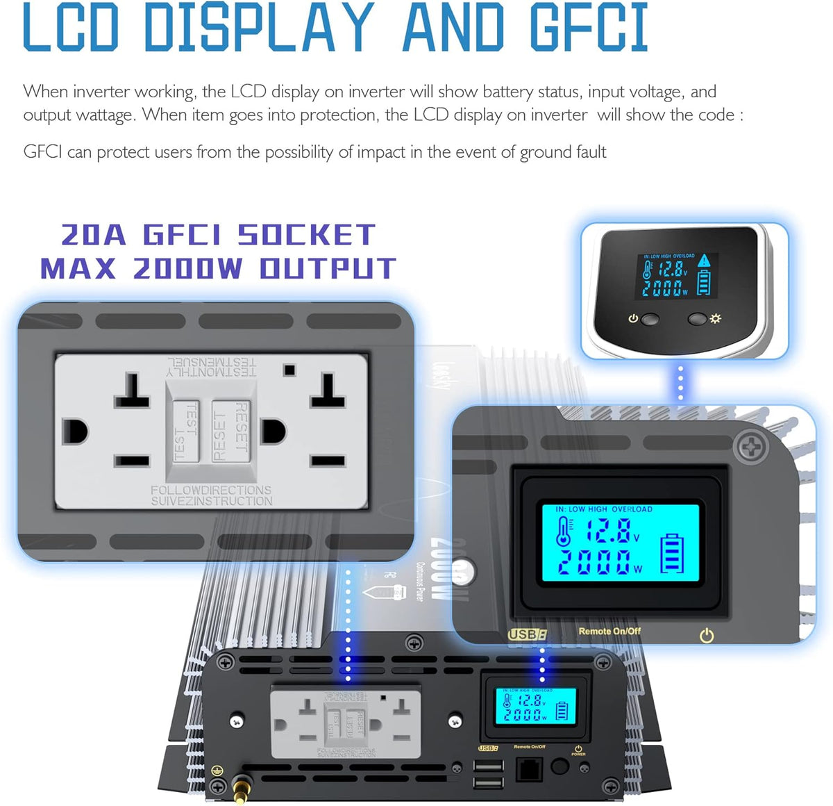 2000W Pure Sine Wave Power Inverter DC 12V to AC 110V 120V with GFCI Socket Dual 2.4A USB Ports LCD Display Remote Controller K87556