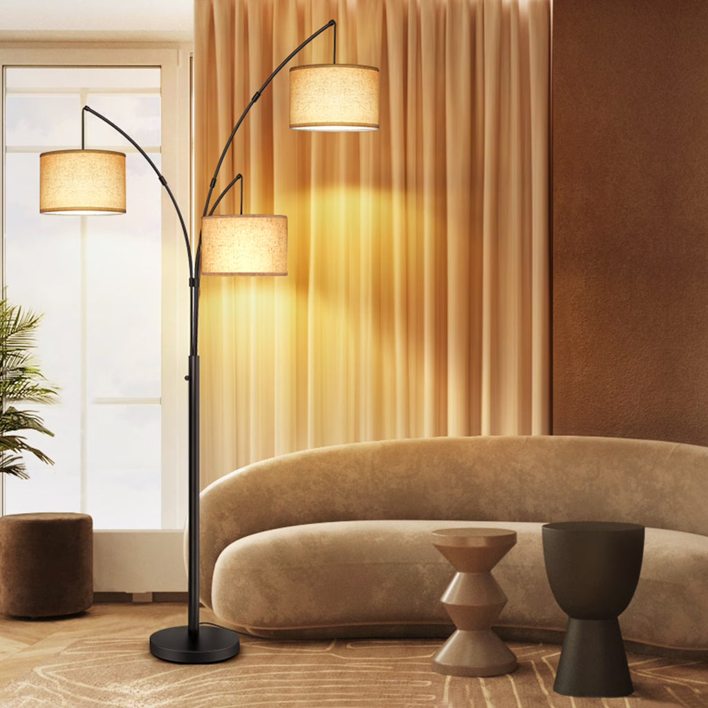 Black Arc Floor Lamp with Linen Lamp Shade L426804