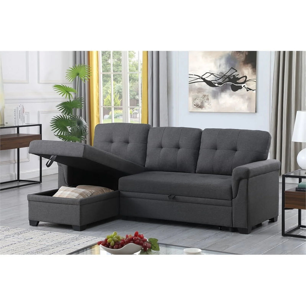Gray Linen Fabric Reversible Sleeper Sofa with Chaise D89193