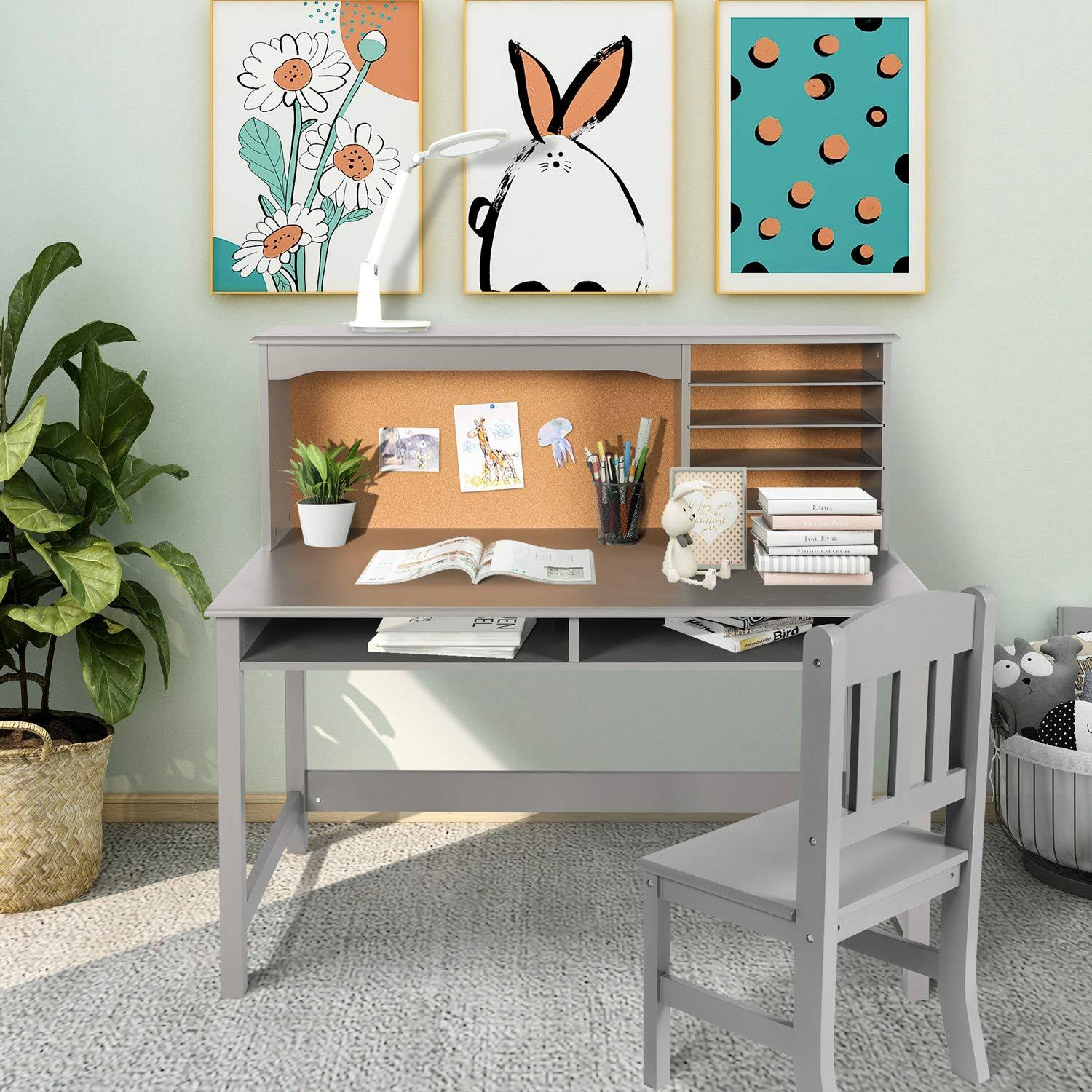Grey Wooden Children's Desk and Chair Set with Hutch and Storage G853533