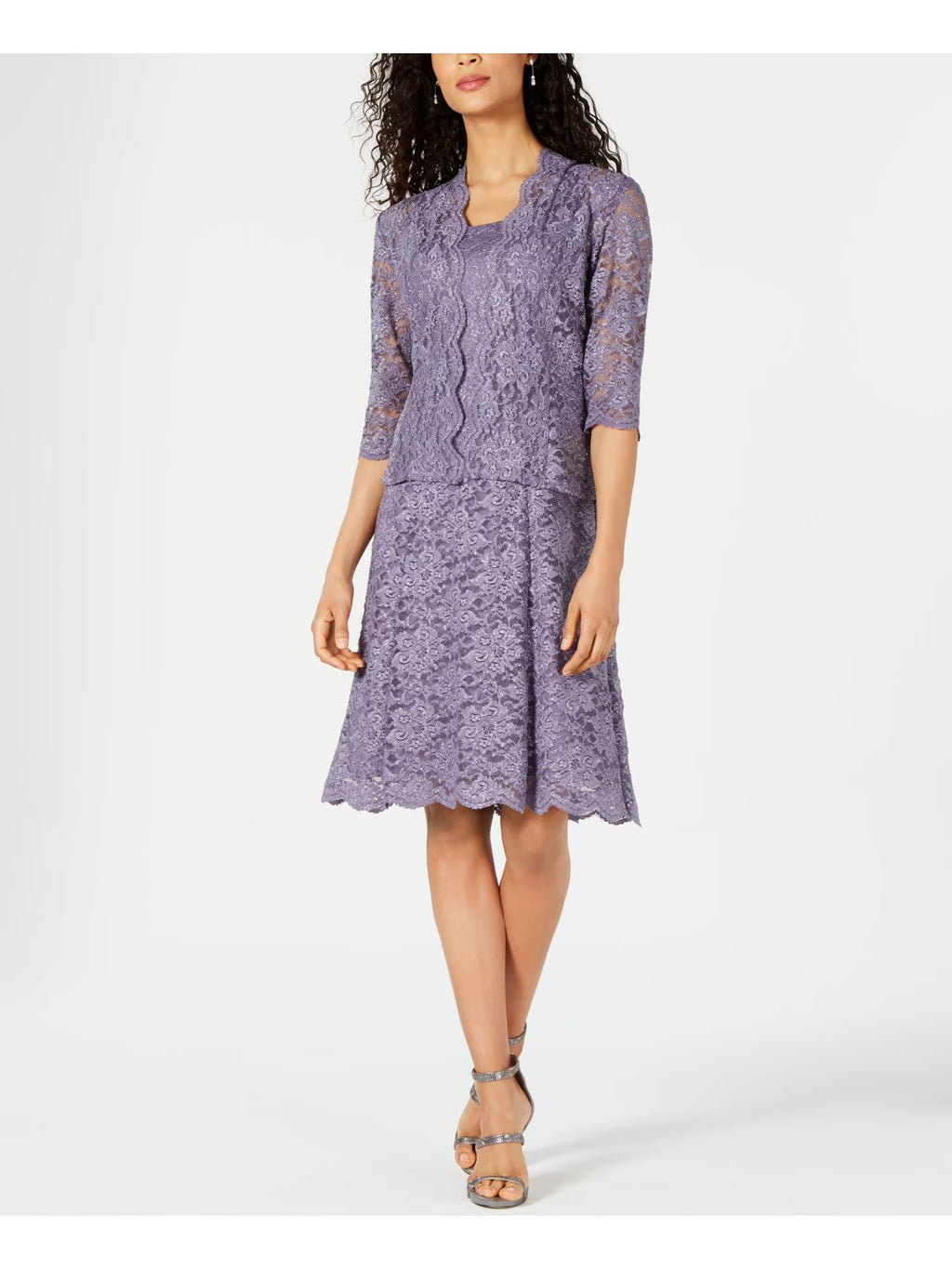 Purple Lace Glitter 3/4 Sleeve Scoop Neck Party Blouson Dress Y632