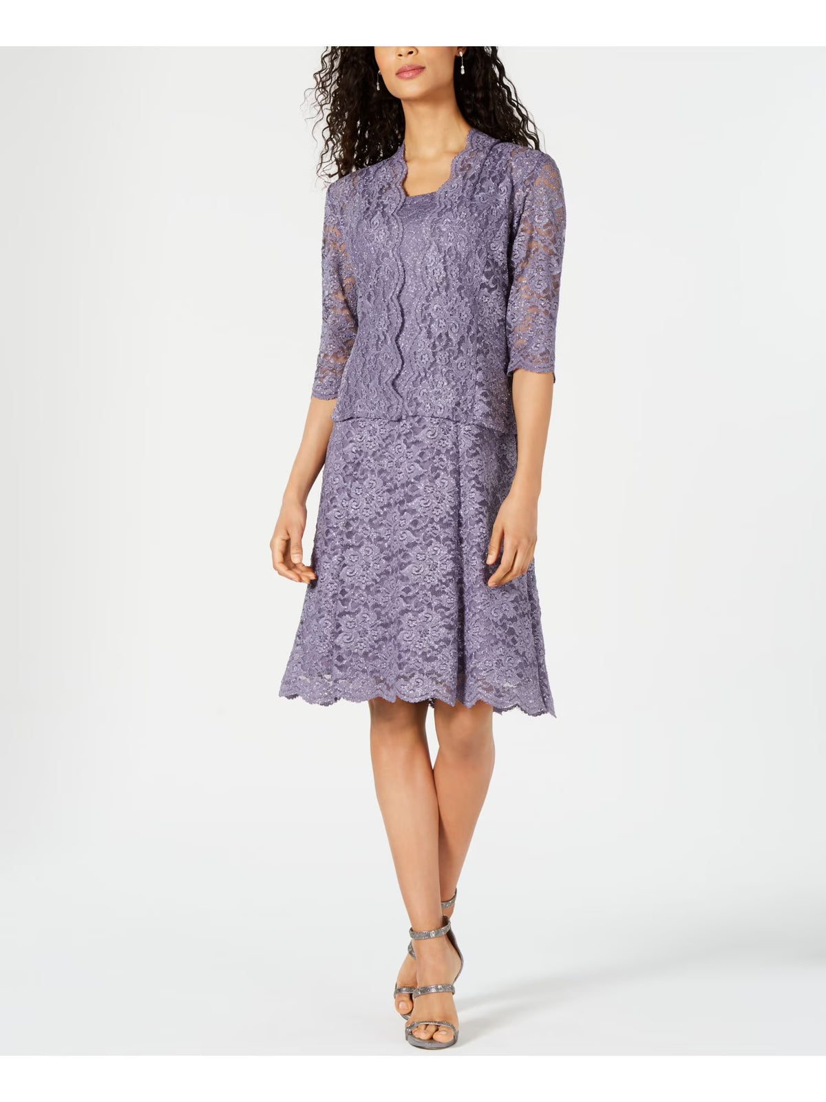 Purple Lace Glitter 3/4 Sleeve Scoop Neck Party Blouson Dress Y632
