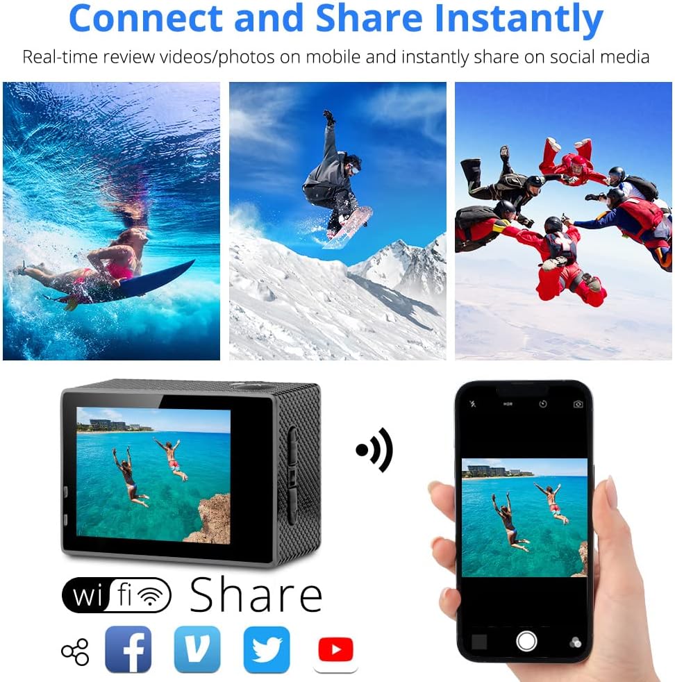 4K Action Camera 16MP Ultra HD Waterproof 170° Wide Angle 4X Zoom Sports Camcorder with Remote Control 2 Batteries Helmet Accessories Pack of 2 N546