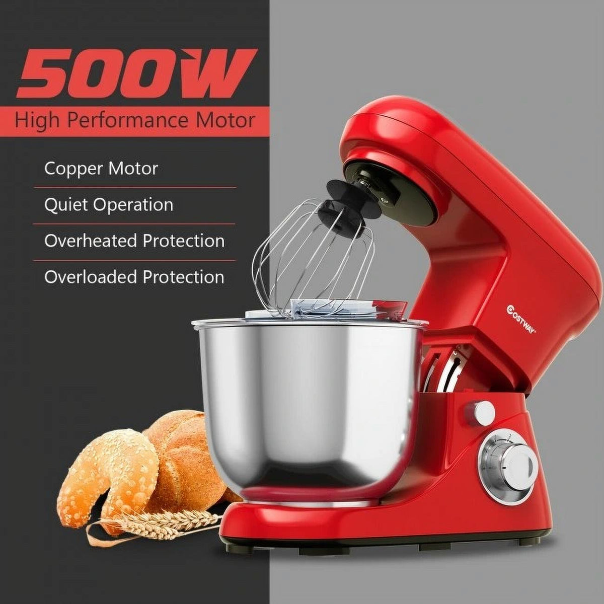 Red 5.3 Qt 500W 6 Speed Stand Mixer with Dough Hook Beater V9645
