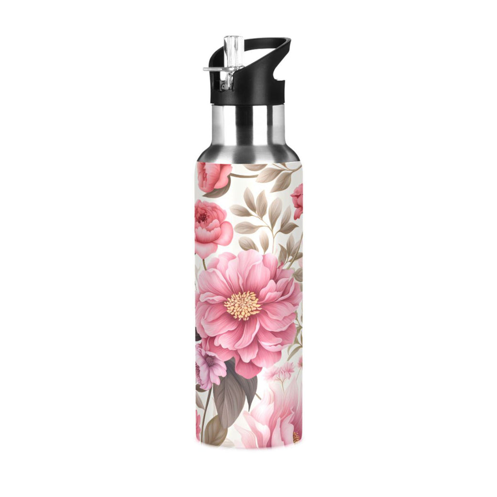 Pink Flowers Floral Print Stainless Steel Insulated Water Bottle with Straw Lid P395876