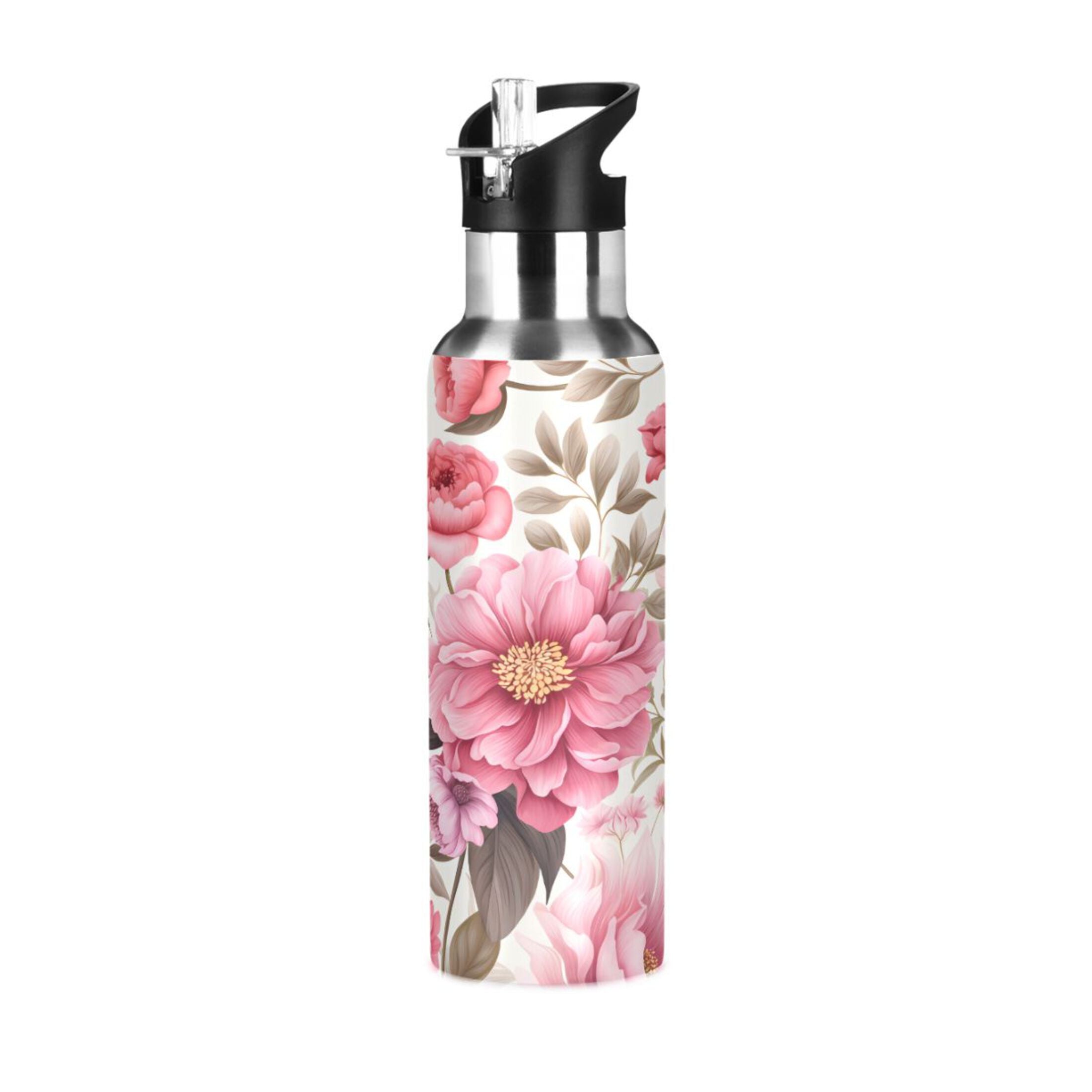 Pink Flowers Floral Print Stainless Steel Insulated Water Bottle with Straw Lid P395876