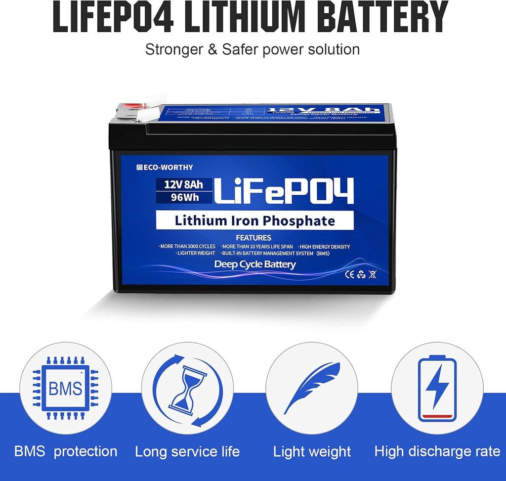 12V 8Ah LiFePO4 Lithium Iron Phosphate Battery Pack of 2 Y59365