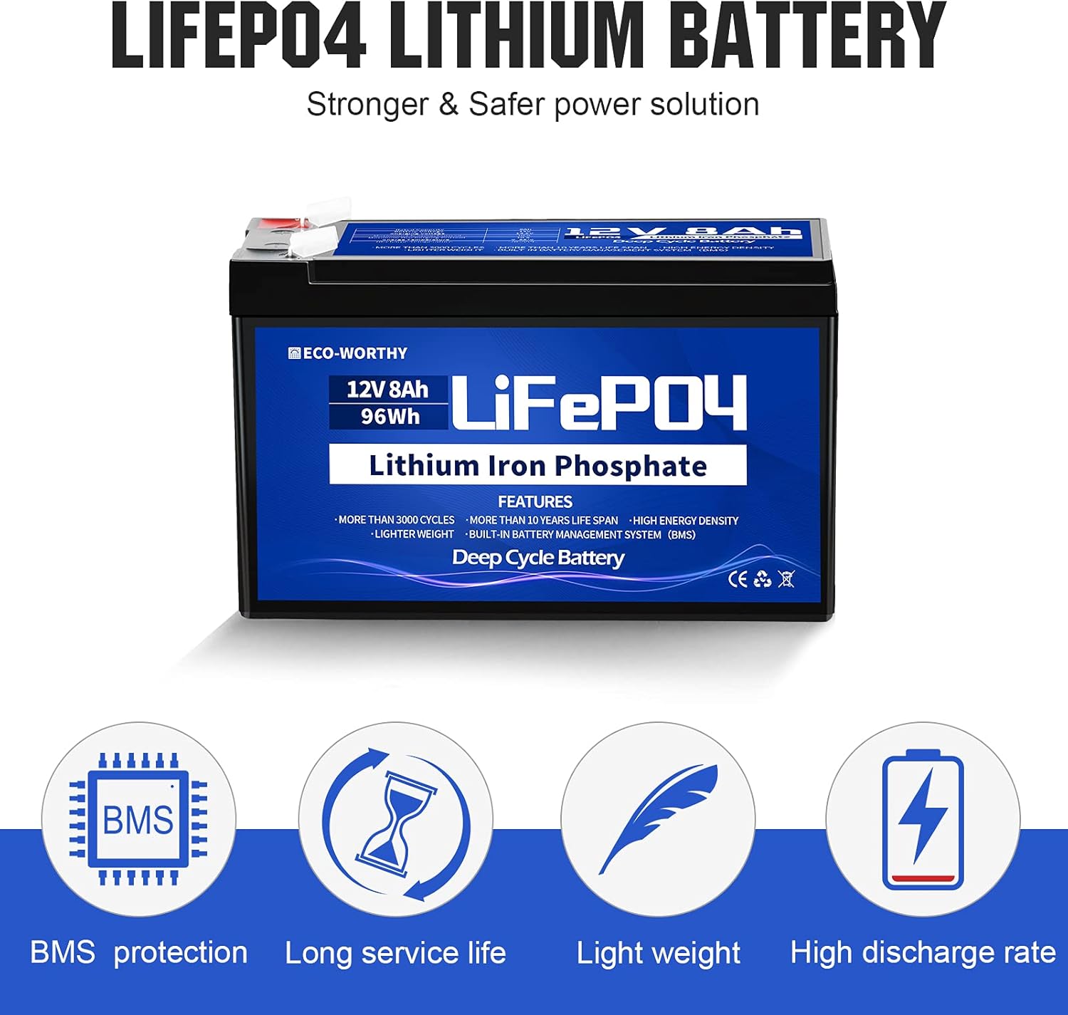 12V 8Ah LiFePO4 Lithium Iron Phosphate Battery Pack of 2 Y59365