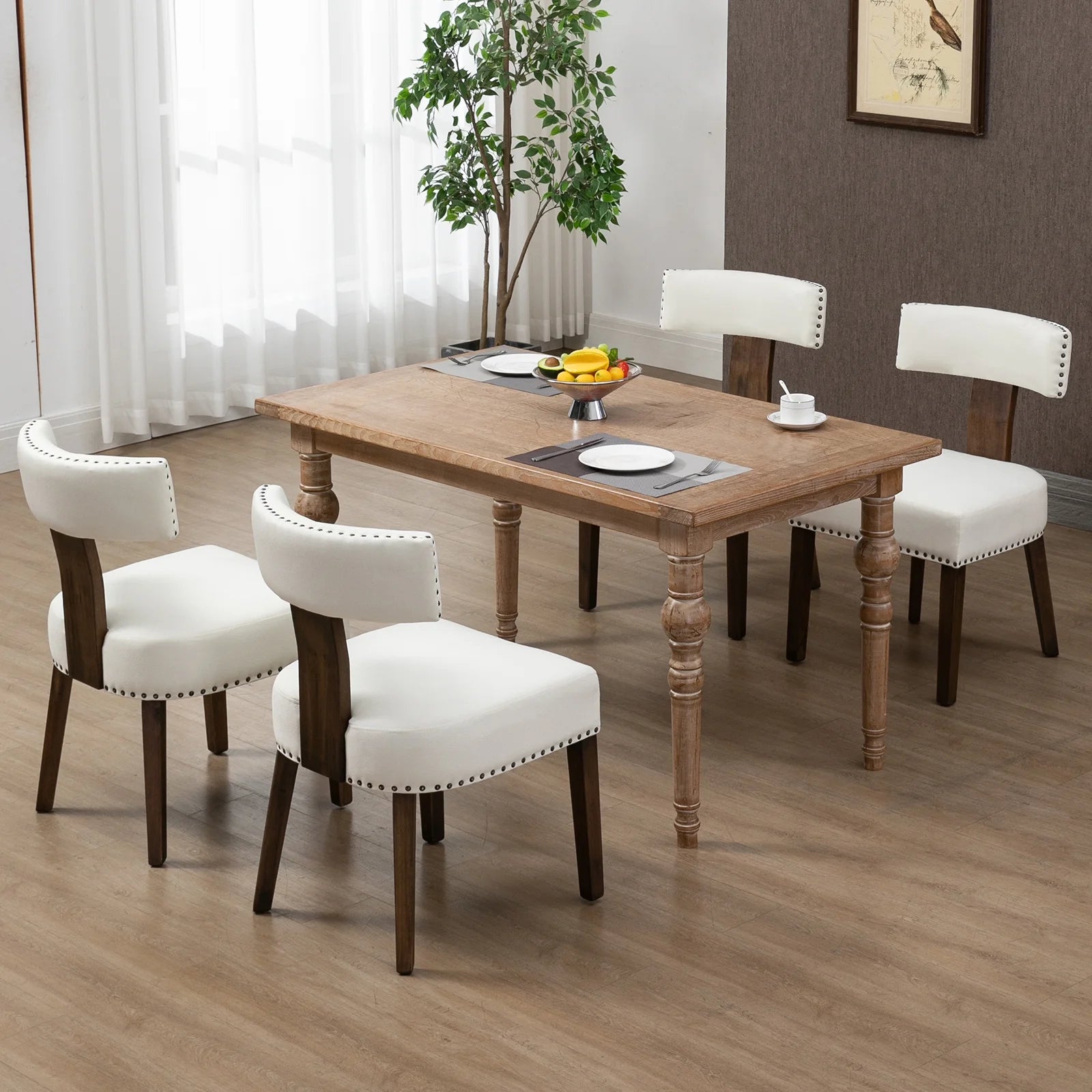 Beige Upholstered Linen Dining Chairs Set of 6 with Wooden Legs G246