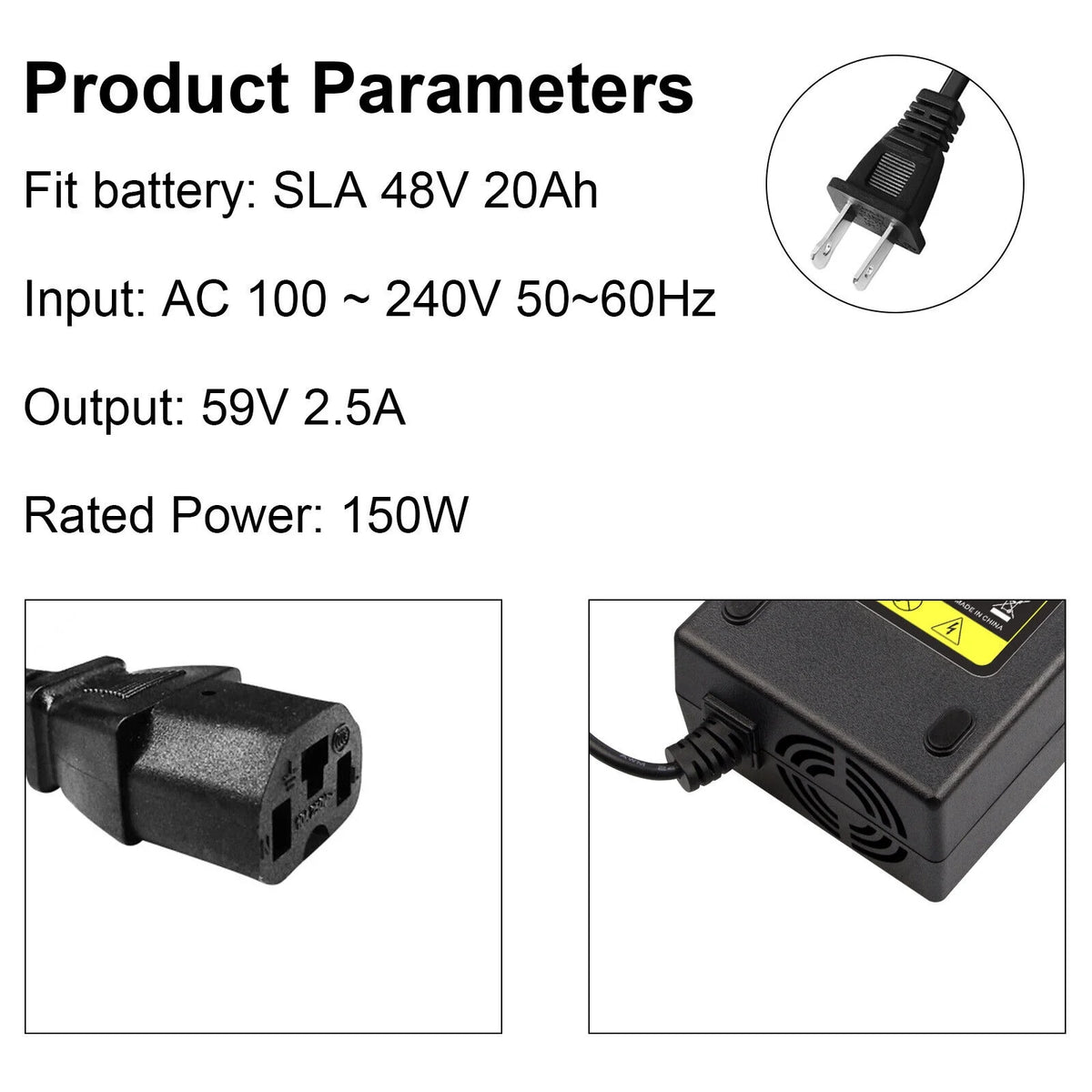 150W 59V 2.5A Charger For 48V Lead Acid Battery Electric Scooter Motorcycle Bicycle E945