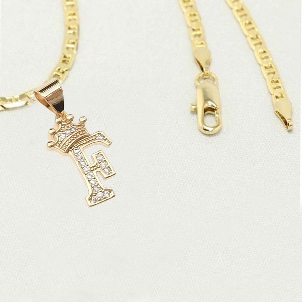 14K Bonded Gold Cuban Chain Necklace with Initial Letters Charm N477