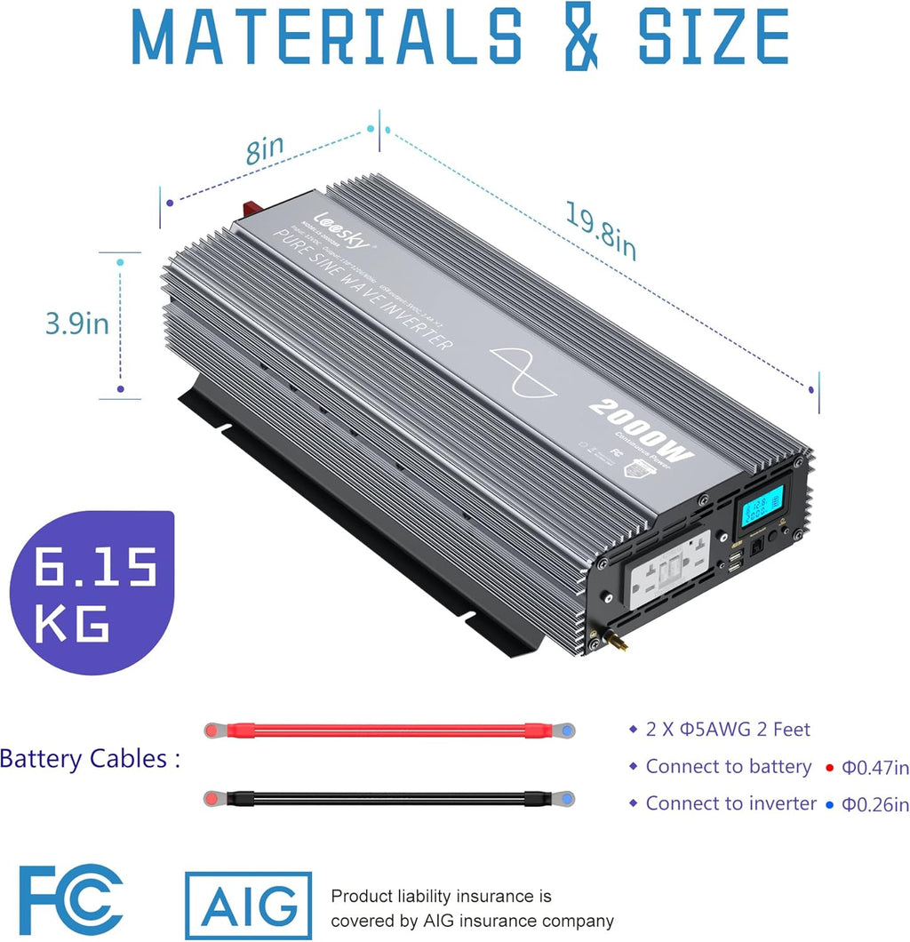 2000W Pure Sine Wave Power Inverter DC 12V to AC 110V 120V with GFCI Socket Dual 2.4A USB Ports LCD Display Remote Controller K87556