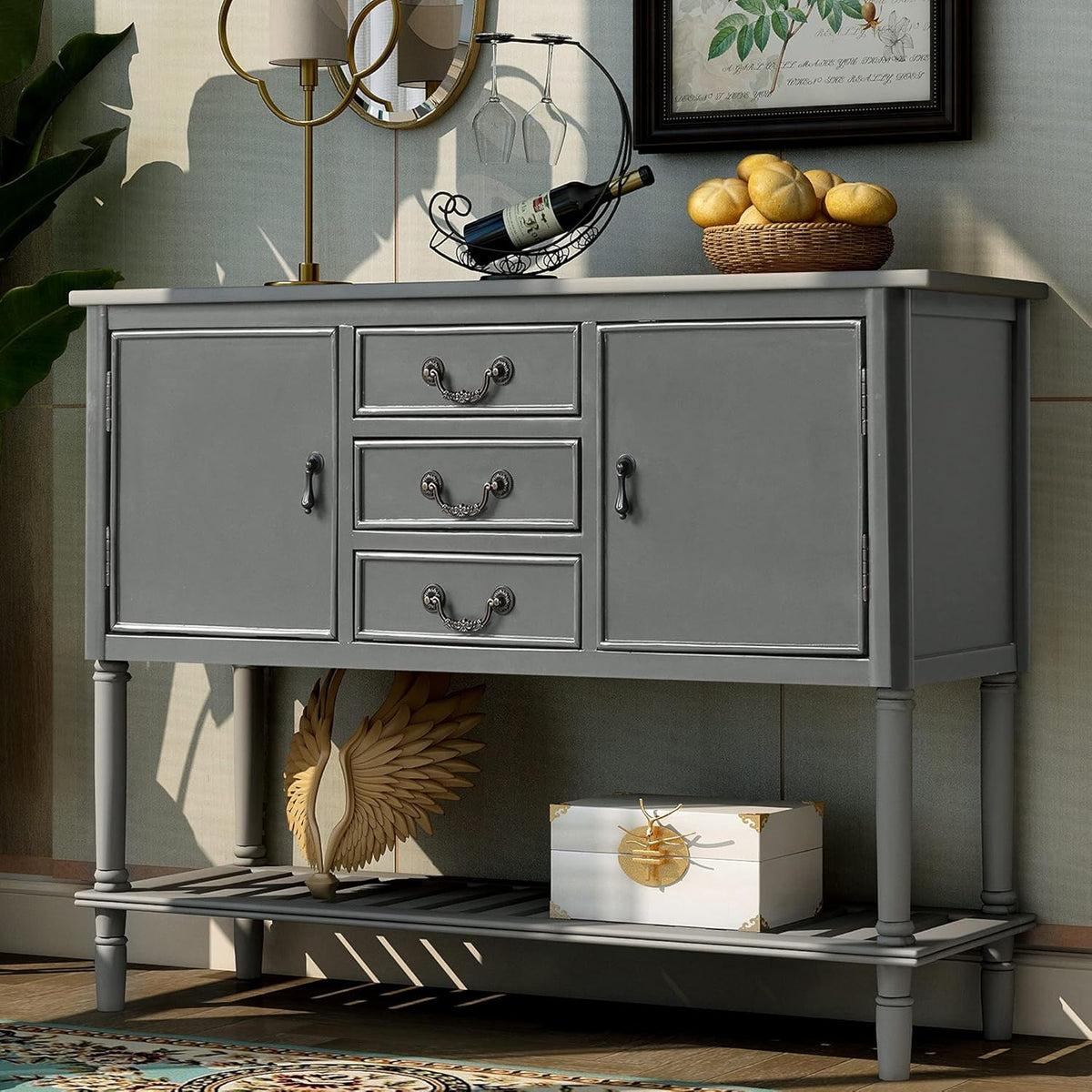 Navy Blue Wood Console Sofa Table with Drawers and Open Shelf N11520