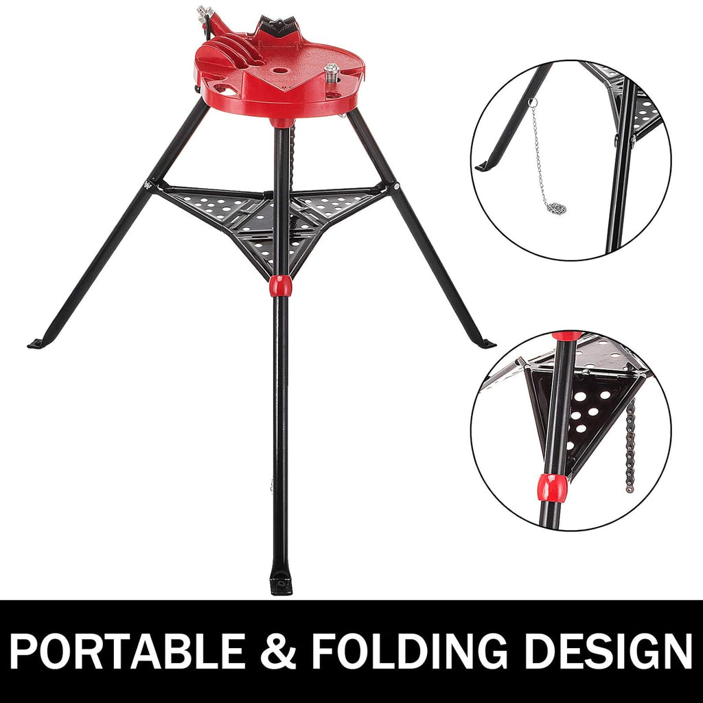 Tripod Pipe Chain Vise with Pipe Stand, Portable Foldable Steel Legs, Tool Tray Y941