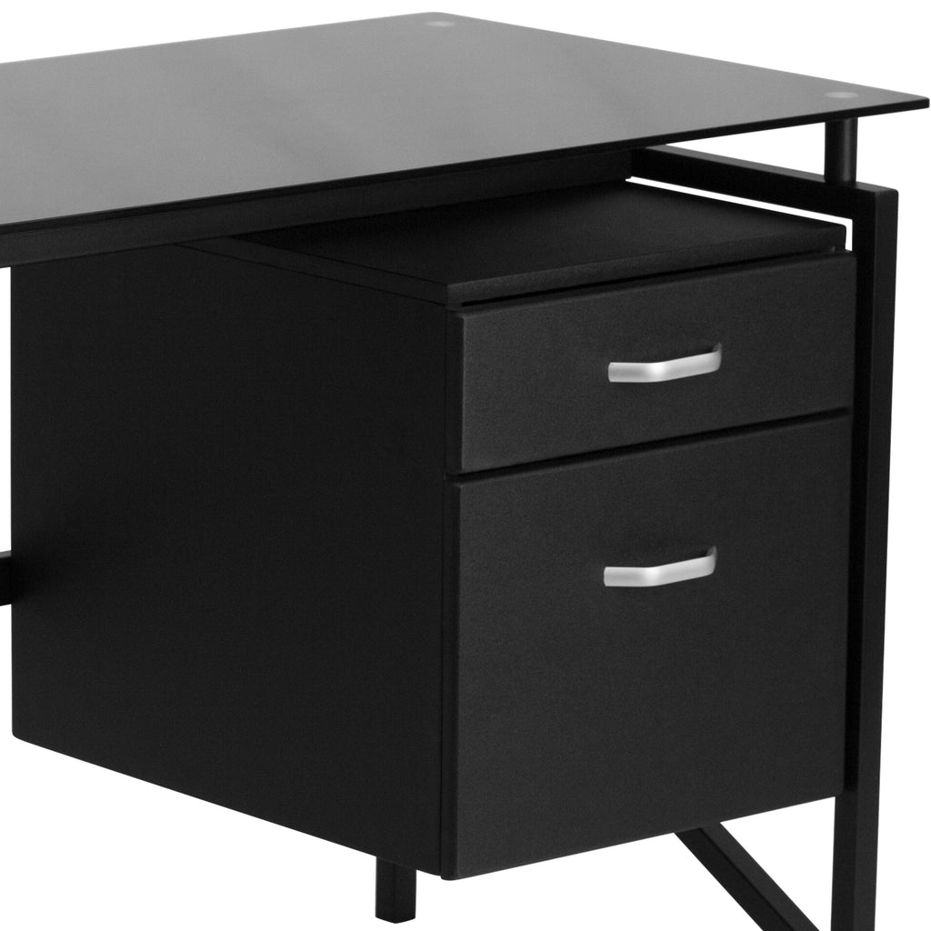 Black Two Drawer Pedestal Desk with Tempered Glass Top and Metal Frame C6241