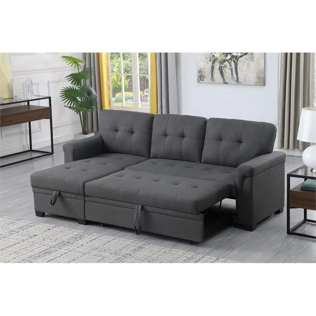 Gray Linen Fabric Reversible Sleeper Sofa with Chaise D89193