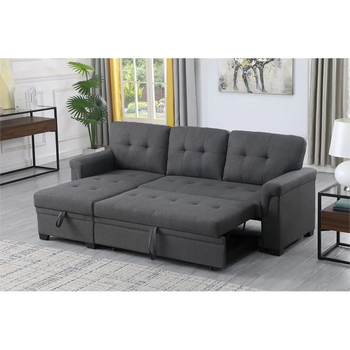 Gray Linen Fabric Reversible Sleeper Sofa with Chaise D89193