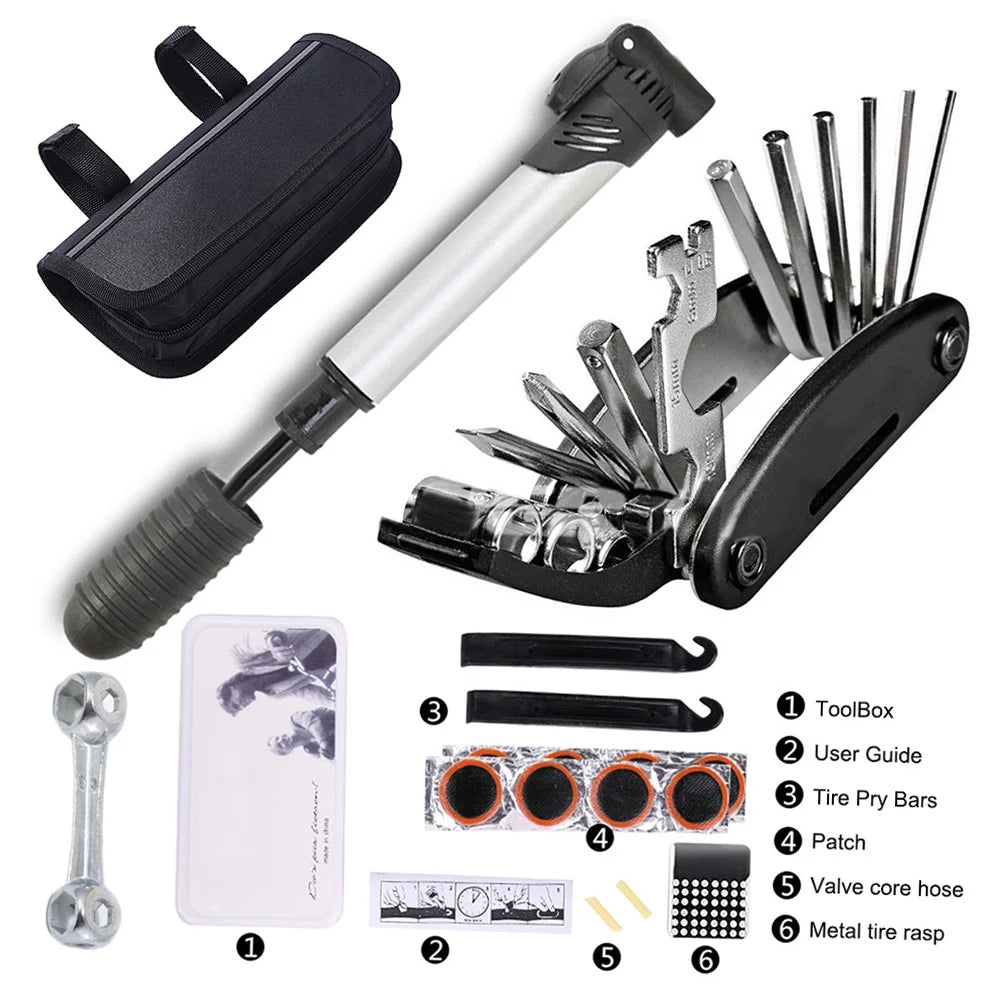 16-in-1 Bike Tyre Tool Kit with Pump and Portable Bag J202145