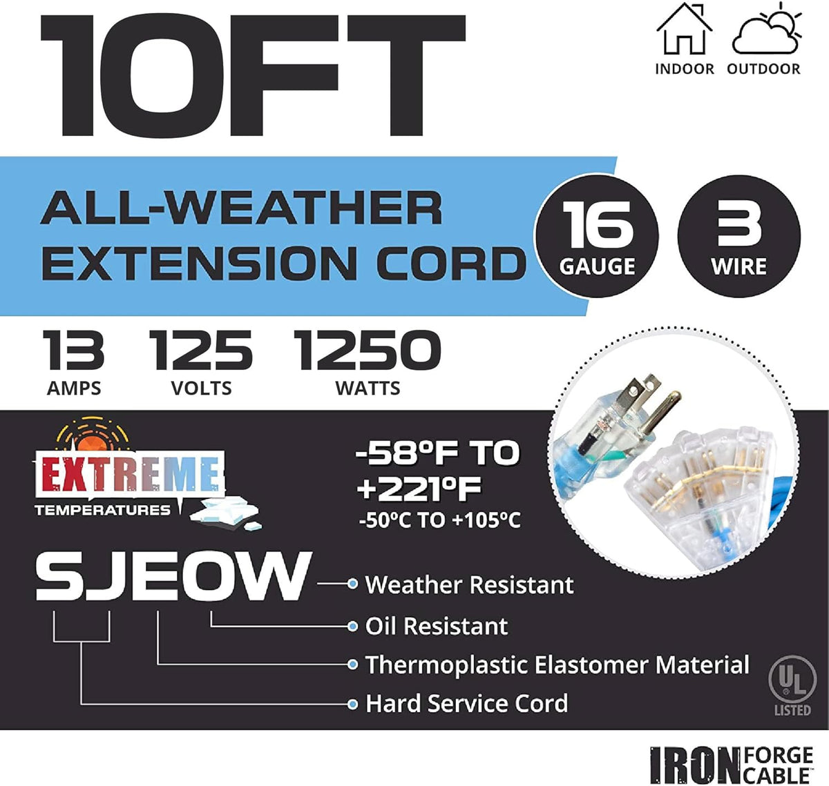 100 Ft All Weather Extension Cord with 3 Electrical Power Outlets, 16/3 SJEOW Lighted Outdoor Cable P423