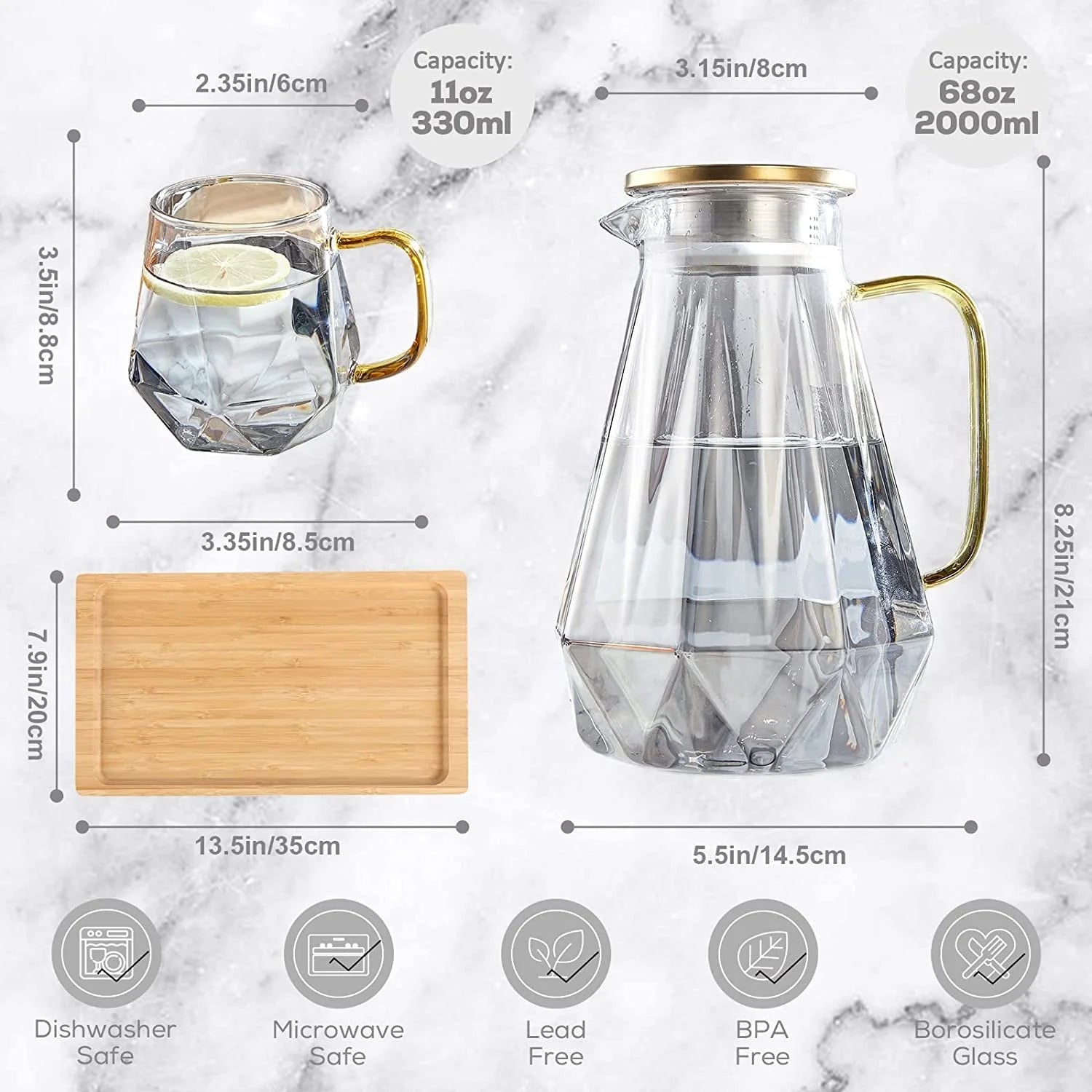 Black Diamond Glass Pitcher with 4 Cups, 1 Tray A36454