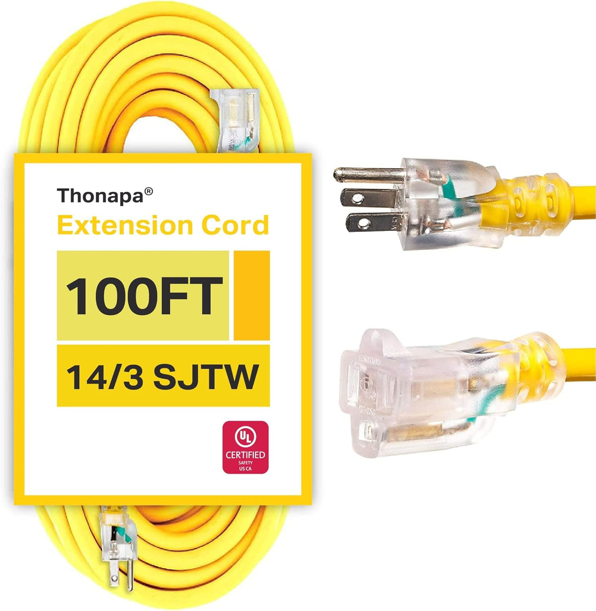 14/3 Heavy Duty Lighted Outdoor Extension Cord Yellow 3 Prong Grounded Plug 100 Ft SJTW Z7820