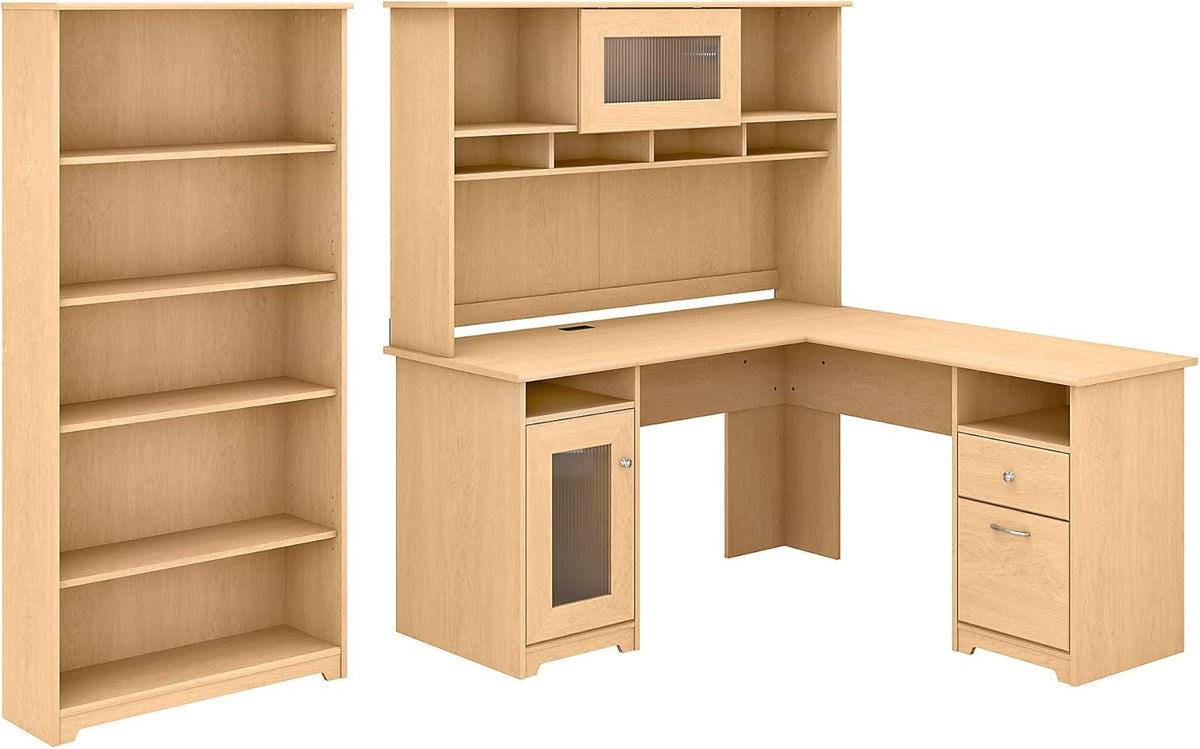 Espresso Oak L Shaped Desk with Hutch and 5 Shelf Bookcase C876