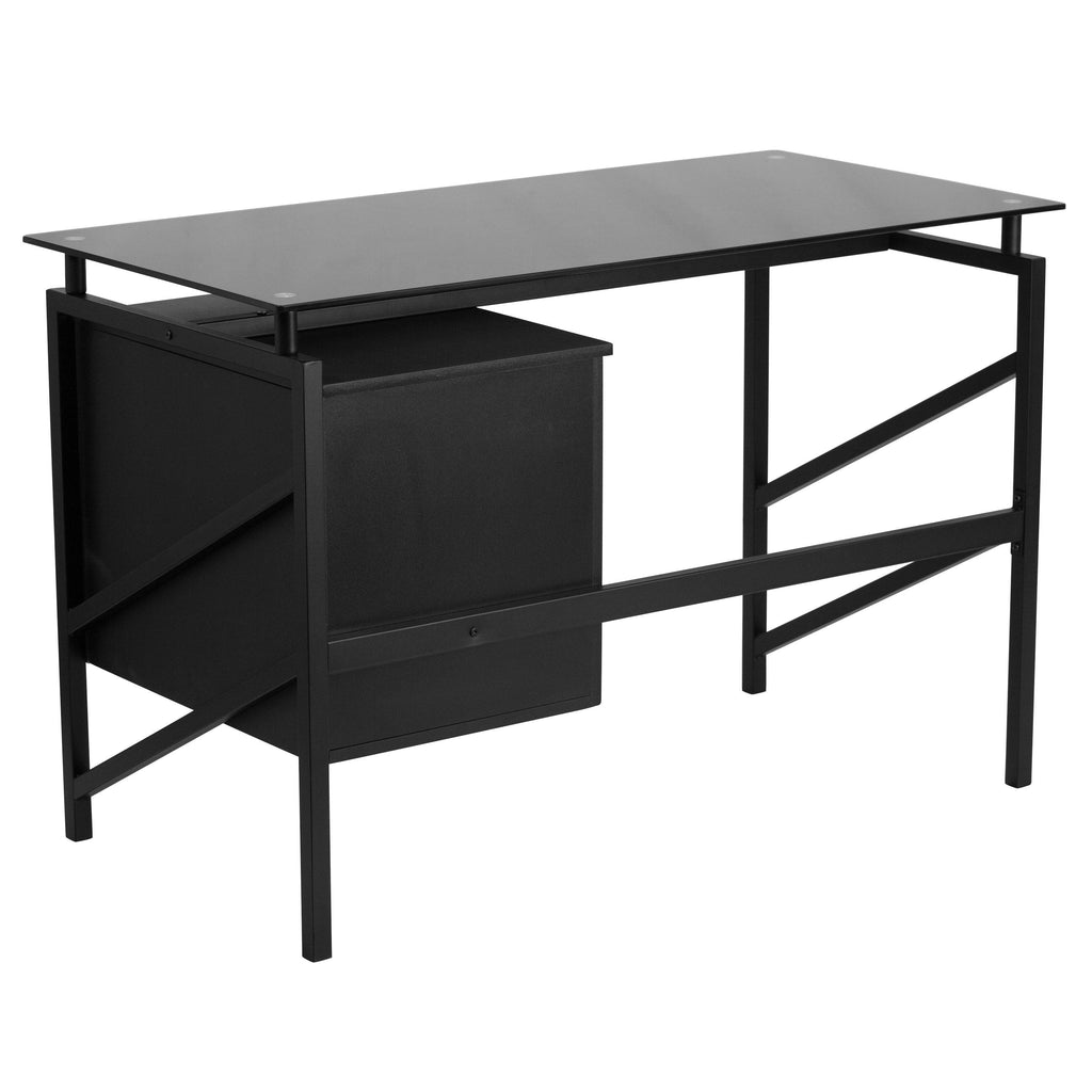 Black Two Drawer Pedestal Desk with Tempered Glass Top and Metal Frame C6241