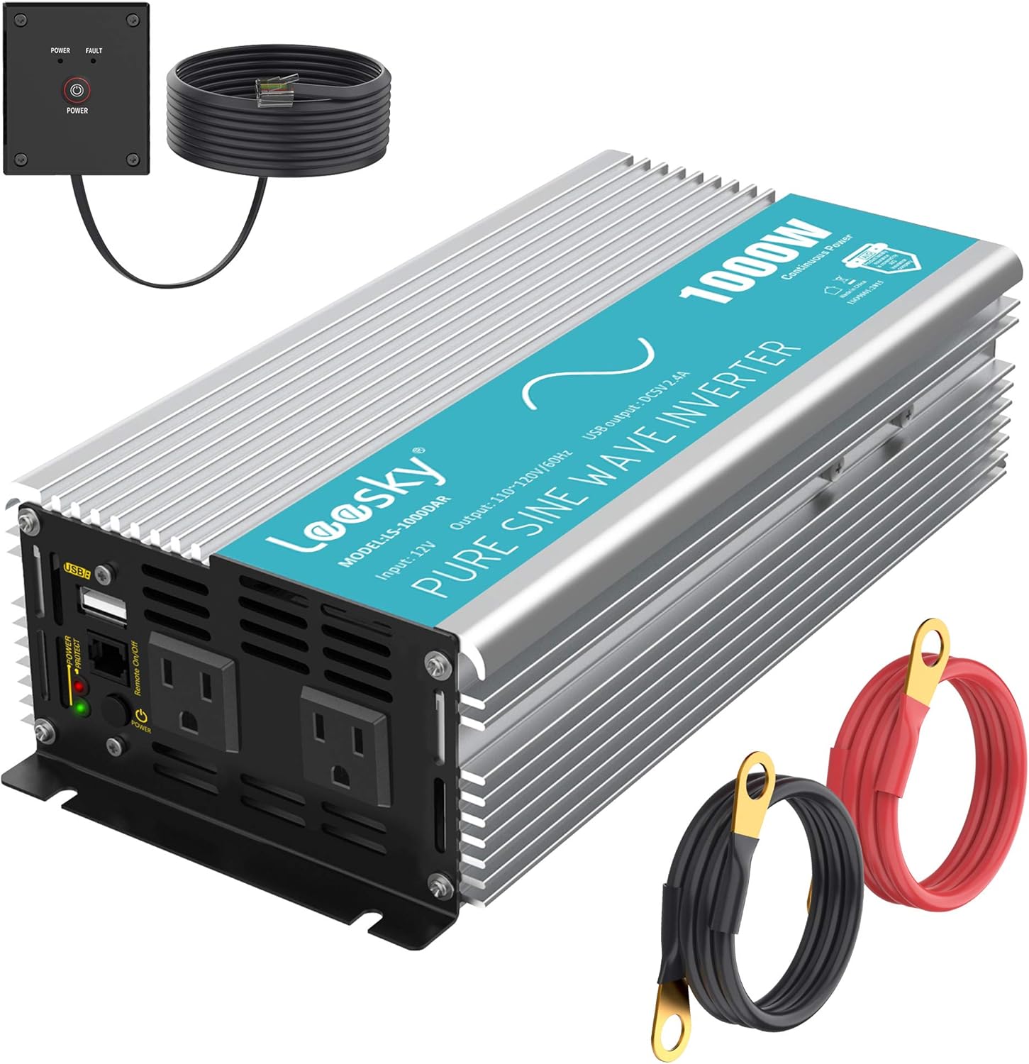 2000W Pure Sine Wave Power Inverter DC 12V to AC 110V 120V with GFCI Socket Dual 2.4A USB Ports LCD Display Remote Controller K87556