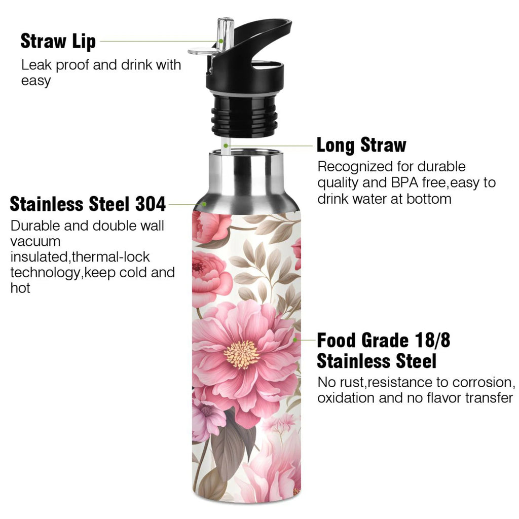 Pink Flowers Floral Print Stainless Steel Insulated Water Bottle with Straw Lid P395876