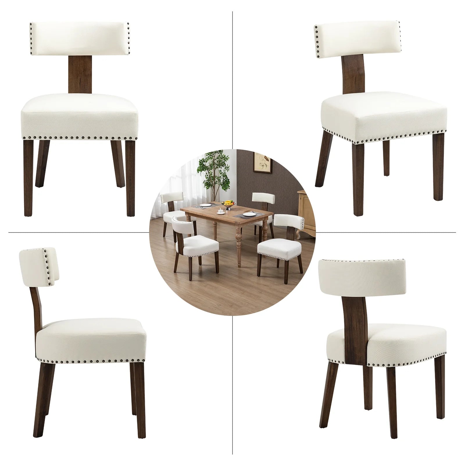 Beige Upholstered Linen Dining Chairs Set of 6 with Wooden Legs G246
