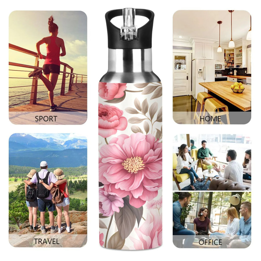 Pink Flowers Floral Print Stainless Steel Insulated Water Bottle with Straw Lid P395876