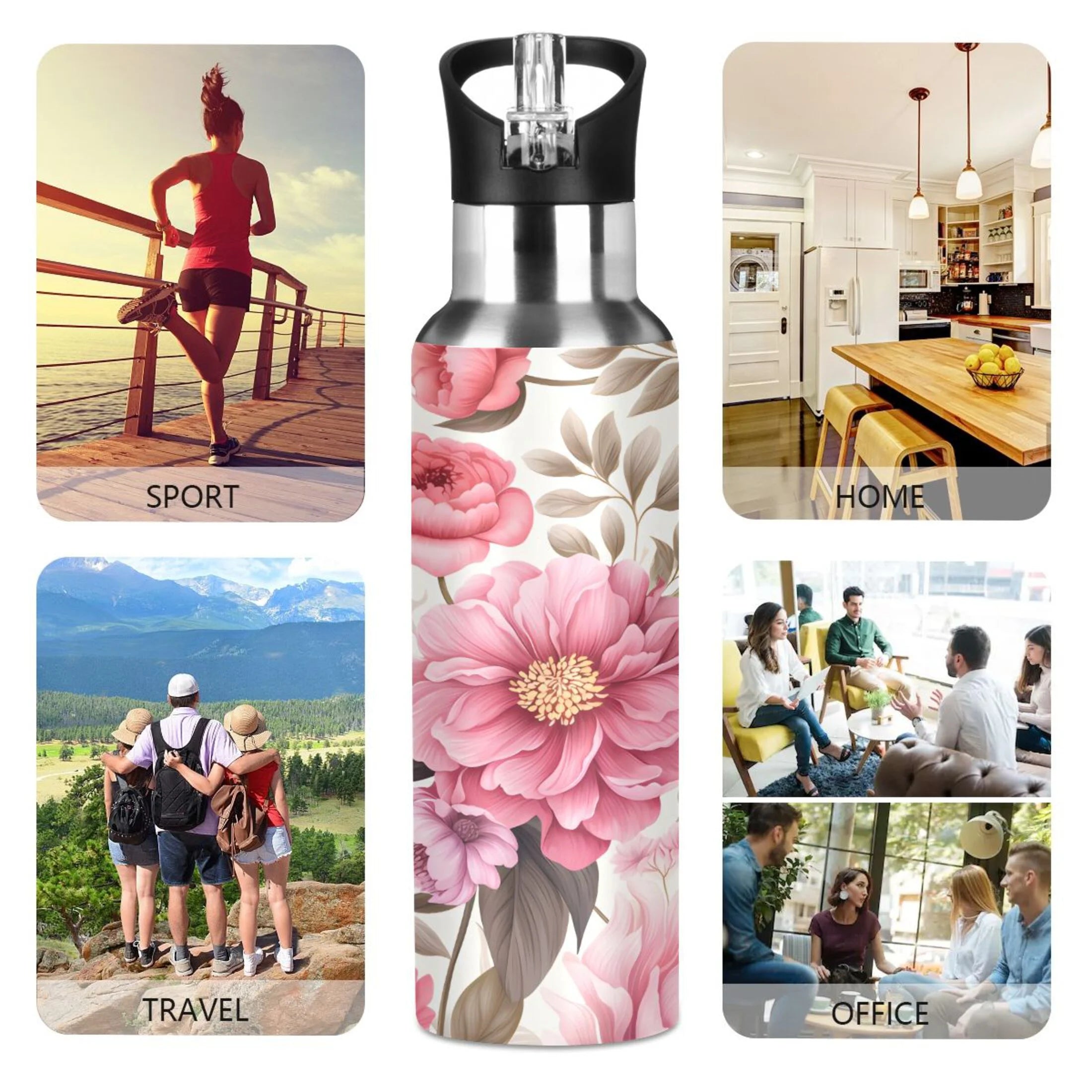 Pink Flowers Floral Print Stainless Steel Insulated Water Bottle with Straw Lid P395876